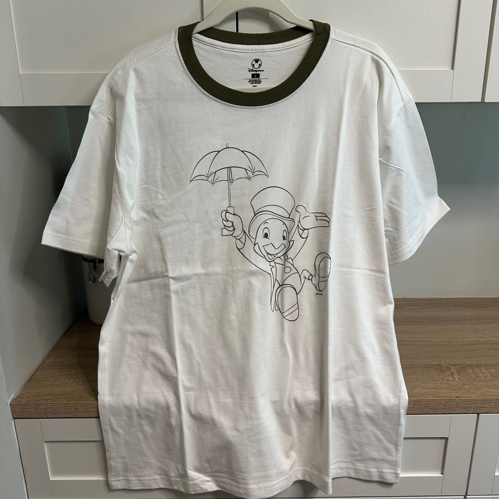 Disney Store Jiminy Cricket Ringer Shirt Unisex Large White Olive Green Graphic